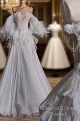 Unique Ball Gown Off The Shoulder Long Tulle White Wedding Dresses Brides Dress